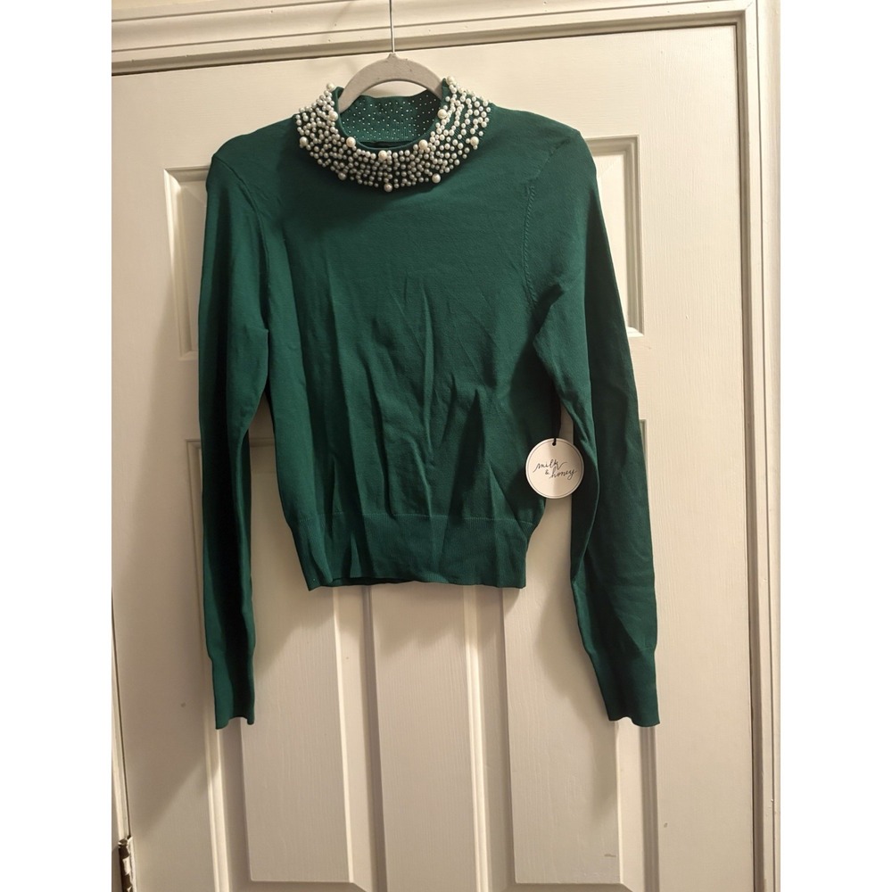 NWT Milk & Honey Lindsie Green Sweater Faux Pearl Neckline Crop Neck New